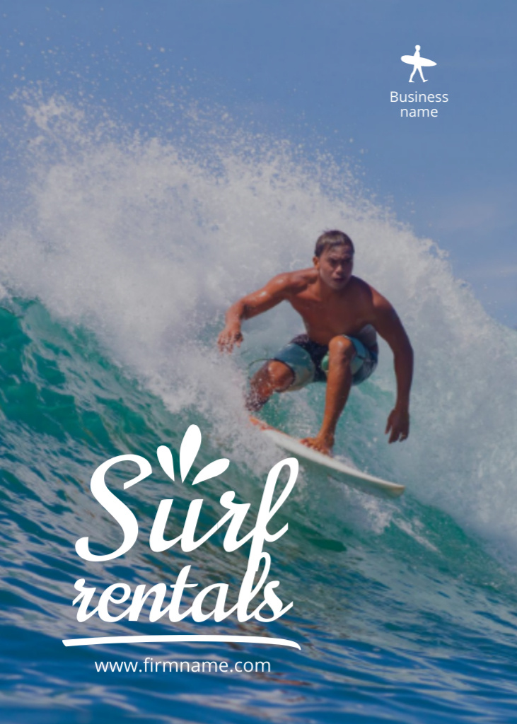 Plantilla de diseño de Surf Rentals Offer with Guy surfing on Wave Postcard 5x7in Vertical 