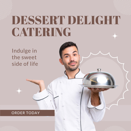 Designvorlage Dessert-Catering-Service mit Koch, der einen Teller hält für Instagram