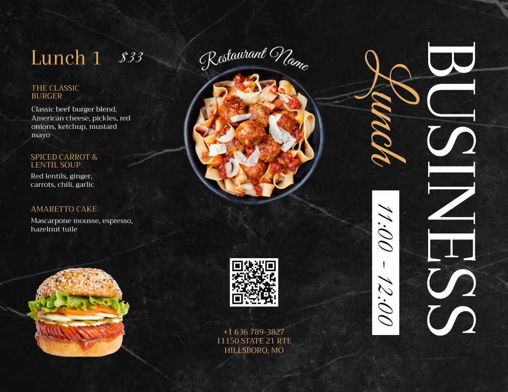 Plantilla de diseño de Lunch With Burger And Pasta Menu 11x8.5in Tri-Fold 