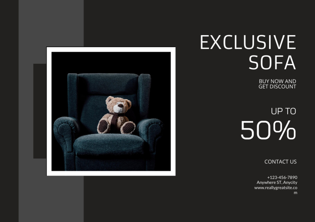 Designvorlage Furniture Ad with Cute Toy on Armchair für Flyer A5 Horizontal