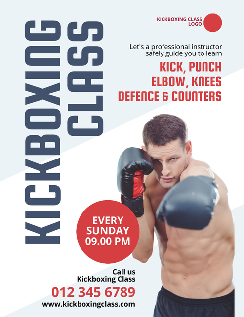 Kickboxing Training Announcement with Sportsman Flyer 8.5x11in Tasarım Şablonu