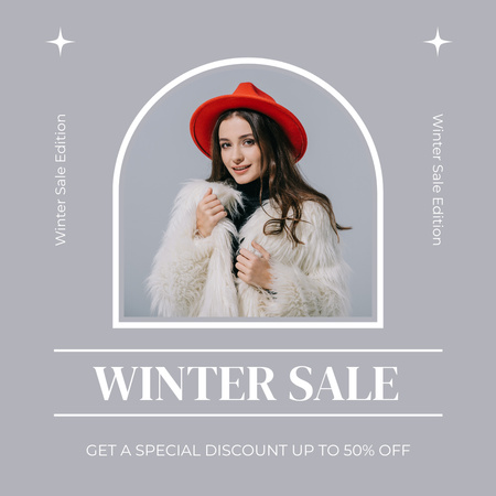 Platilla de diseño Winter Sale Announcement with Young Woman in Red Hat Instagram