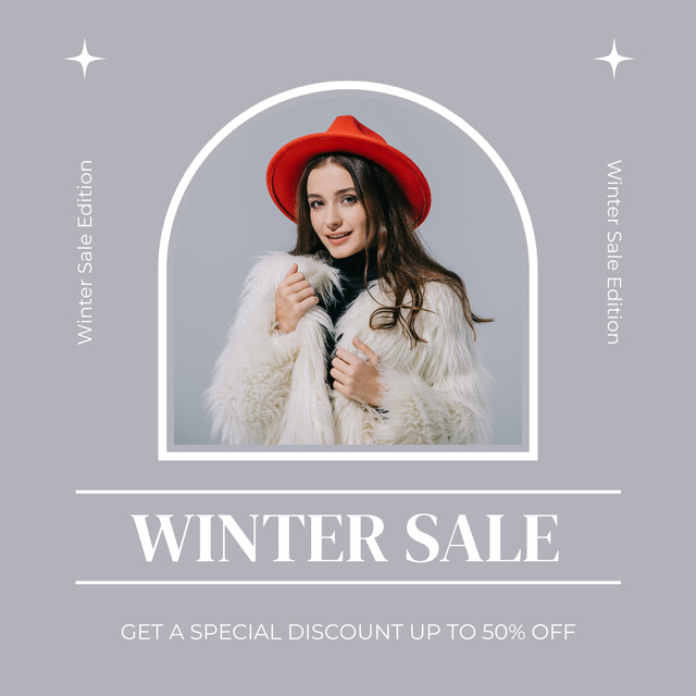 Winter Sale Announcement with Young Woman in Red Hat Instagram Modelo de Design