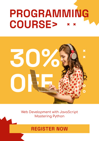Designvorlage Programmierkursanzeige mit Frau in Kopfhörern mit Laptop für Poster