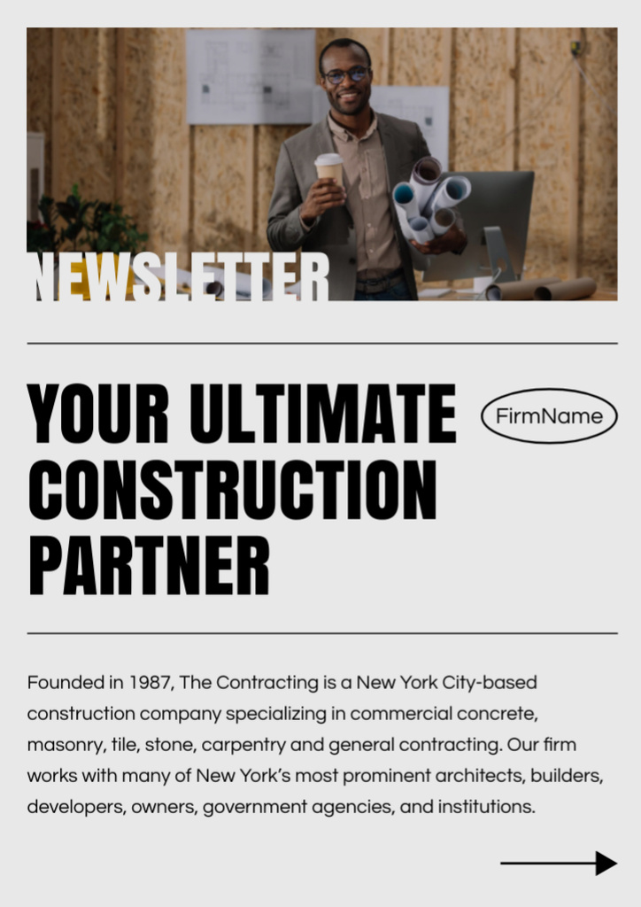 Construction Company Ad with Smiling Architect Newsletterデザインテンプレート