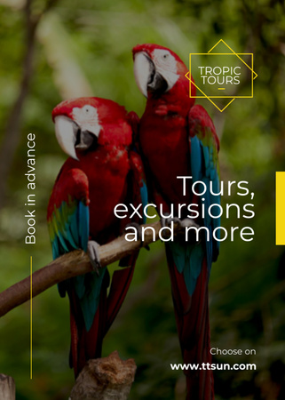 Designvorlage Ausflugsangebot zu exotischen Vögeln mit rotem Ara-Papagei für Flayer