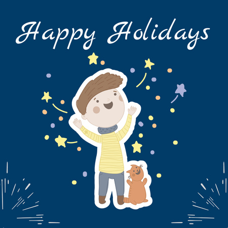 Happy Winter Holidays Greeting With Pet And Fireworks Instagram Design Template
