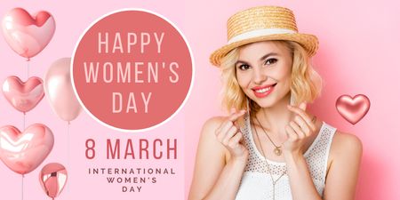Women's Day Greeting with Cute Pink Balloons Twitter Design Template