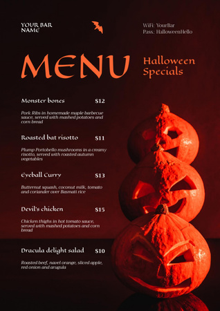 Halloween Food Specials Ad with Pumpkins Menu Modelo de Design