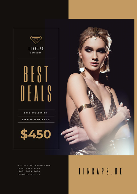 Jewelry Sale with Beautiful Woman in Golden Accessories Poster Design Template