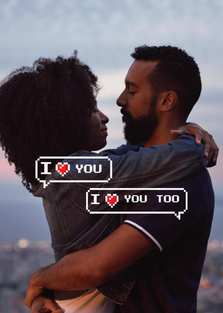 Ontwerpsjabloon van Postcard 5x7in Vertical van Happy Couple Hugging On Valentine's Day With Pixel Hearts