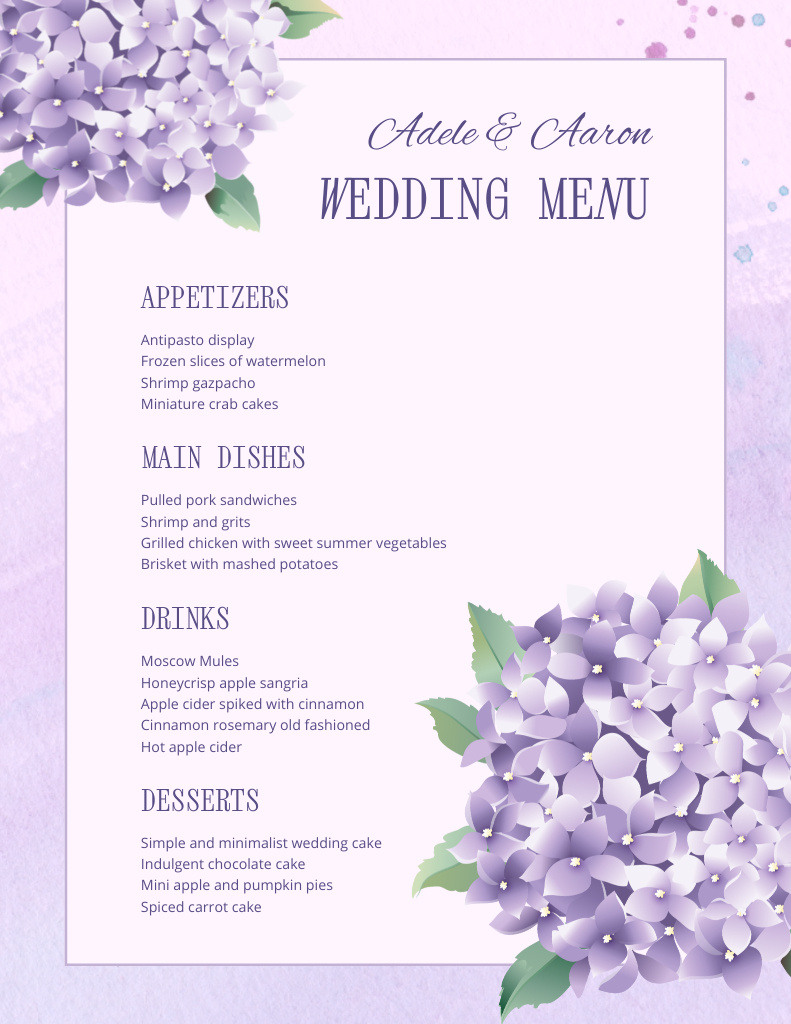 Wedding Appetizers List with Hortensias Menu 8.5x11in Tasarım Şablonu