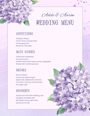 Plantilla de diseño de lista de alimentos de boda floral con hortensias Menu 8.5x11in 