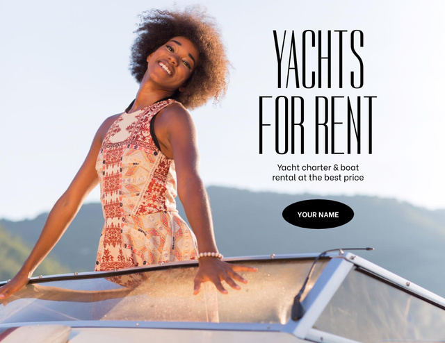 Designvorlage Yacht Rent Offer with Young Woman für Flyer 8.5x11in Horizontal