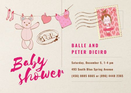 Baby Shower Invitation Hanging Toys in Pink Card Design Template