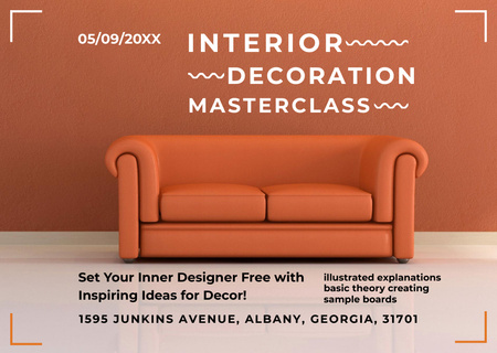 Anúncio de evento de decoração de interiores com sofá em vermelho Card Modelo de Design