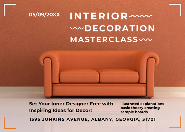 Interior Decoration Event Announcement with Sofa in Red Card Modelo de Design