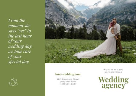 Ontwerpsjabloon van Brochure van Wedding Agency Ad with Happy Newlyweds in Majestic Mountains