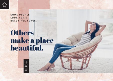 Woman relaxing in Soft Armchair Postcard Design Template
