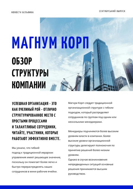 Company Structure Overview with Skyscrapers in City Newsletter Design Template
