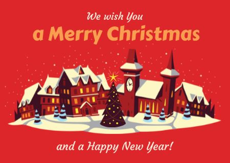 Merry Christmas Greeting with Snow on Night Village Postcard Modelo de Design
