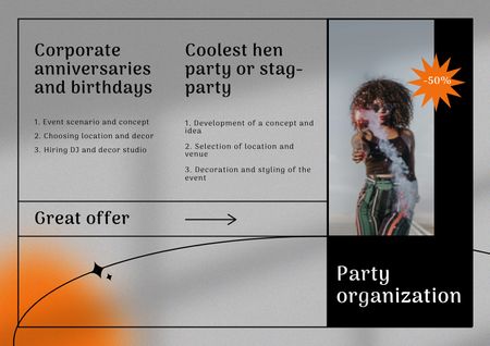 Ontwerpsjabloon van Brochure van Party Organization Services Offer with Woman in Bright Outfit