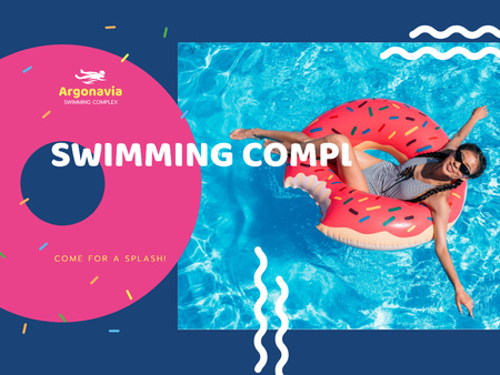Designvorlage Swimming Complex Opening with Woman Relaxing on Floating Ring für Presentation
