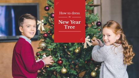 Ontwerpsjabloon van Presentation Wide van Kids decorating New Year Tree