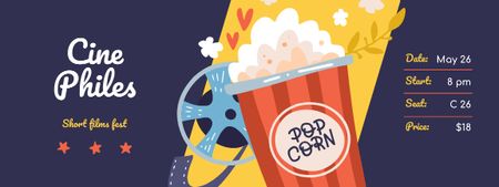 Ontwerpsjabloon van Ticket van Short Film Fest with Popcorn and Reel