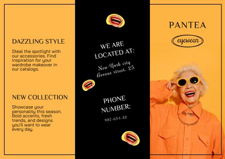 Ontwerpsjabloon van Brochure van Old Woman in Stylish Orange Outfit and Sunglasses