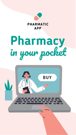 Pharmacy App overview with friendly Doctor Mobile Presentationデザインテンプレート