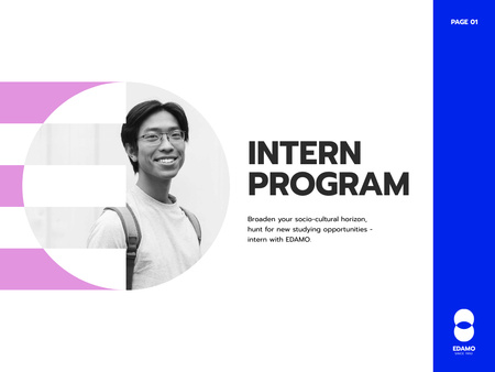 Intern Program Announcement with Smiling Man Presentationデザインテンプレート