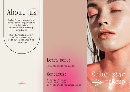 Beauty Services Offer with Woman in Bright Makeup Brochure Modelo de Design