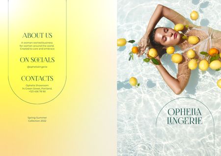 Designvorlage Lingerie Ad with Beautiful Woman in Pool with Lemons für Brochure