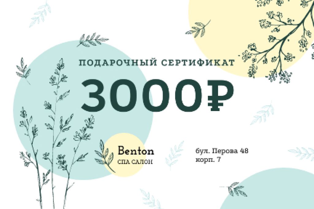Spa Salon Offer with Plant Sketches Gift Certificate Šablona návrhu