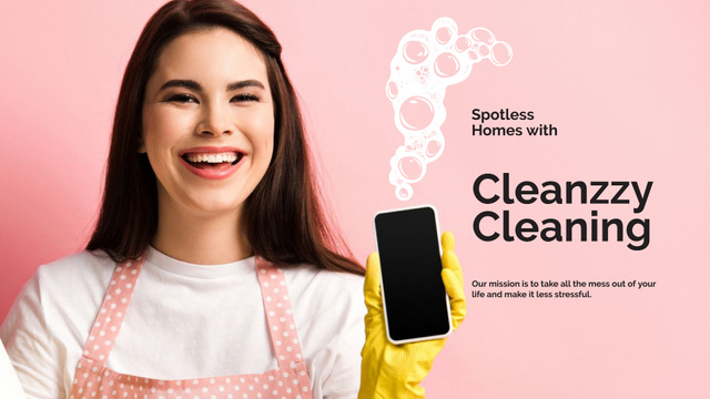 Platilla de diseño Smiling Woman for Cleaning services ad Presentation Wide